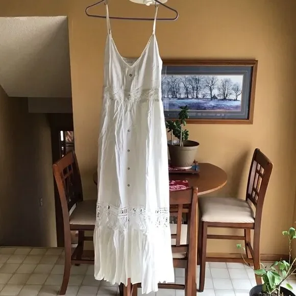 Bohemian Crochet Lace Trim Tiered Summer Maxi Dress White CottageCore Wedding - Picture 4 of 5